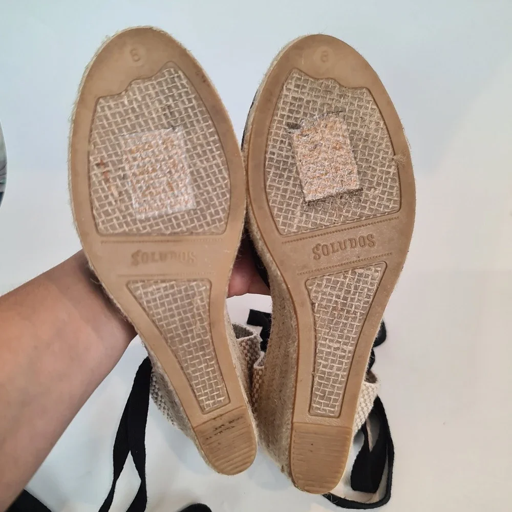 Soludos Black Canvas Marseille Wedge Lace Up Espadrille Sandals Womens Size 8